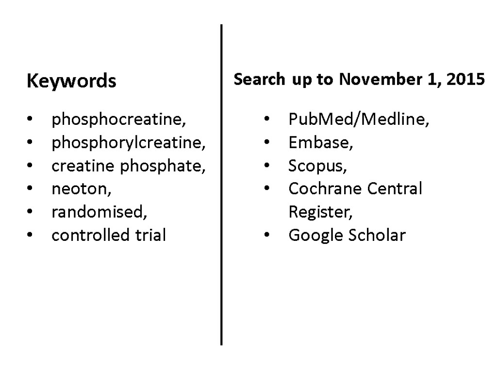 PubMed/Medline, Embase, Scopus, Cochrane Central Register, Google Scholar phosphocreatine, phosphorylcreatine, creatine phosphate, neoton, randomised,